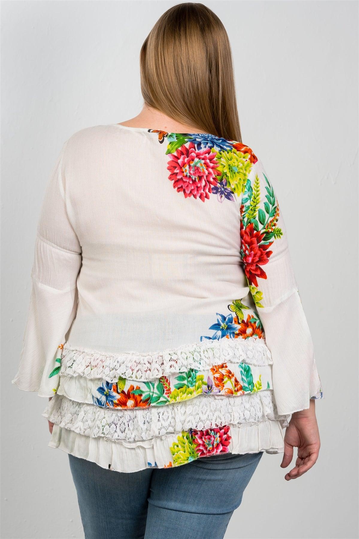 Boho White Plus Size Floral Mix Print Lace Ruffle Hem Top /2-2-2