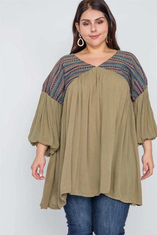 Plus Size Mocha Peasant Sleeve Loose Fit Boho Top /3-3 - Tasha Apparel Wholesale