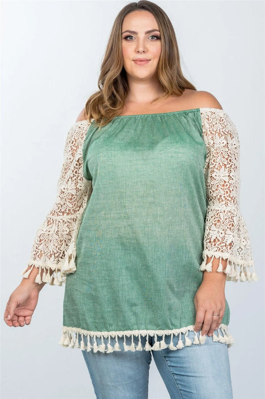 Boho Green Plus Size Off The Shoulder Tassel Top /3-2 - Tasha Apparel Wholesale