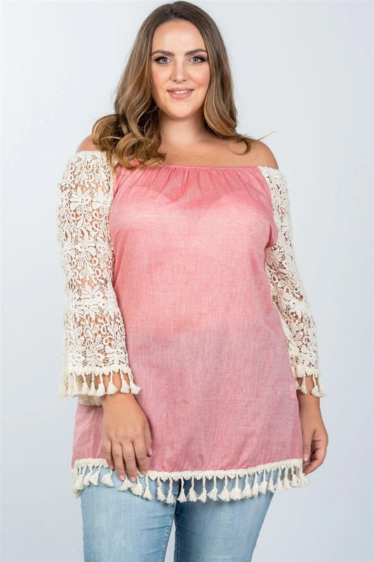 Boho Pink Plus Size Off The Shoulder Tassel Top /2-3 - Tasha Apparel Wholesale