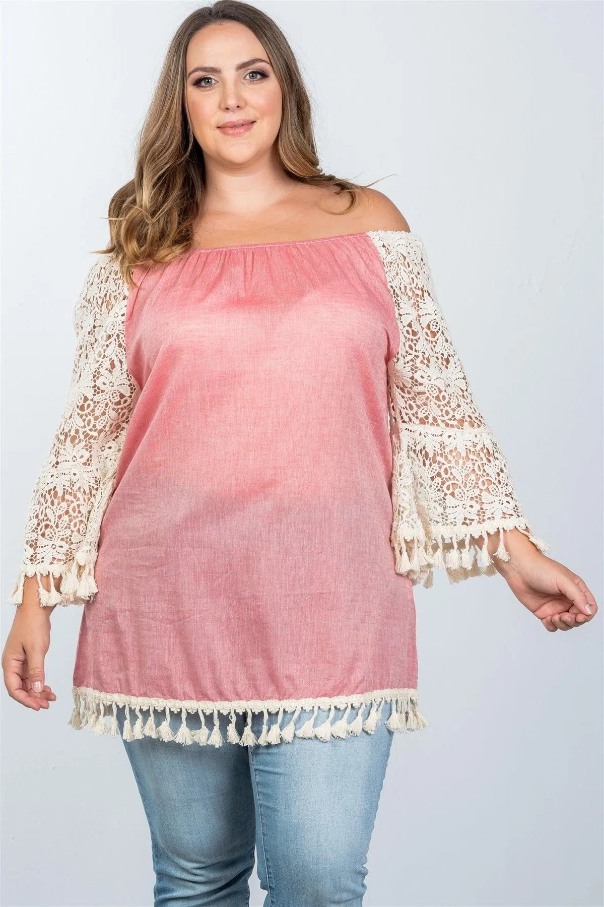 Boho Pink Plus Size Off The Shoulder Tassel Top /1-2-2 - Tasha Apparel Wholesale