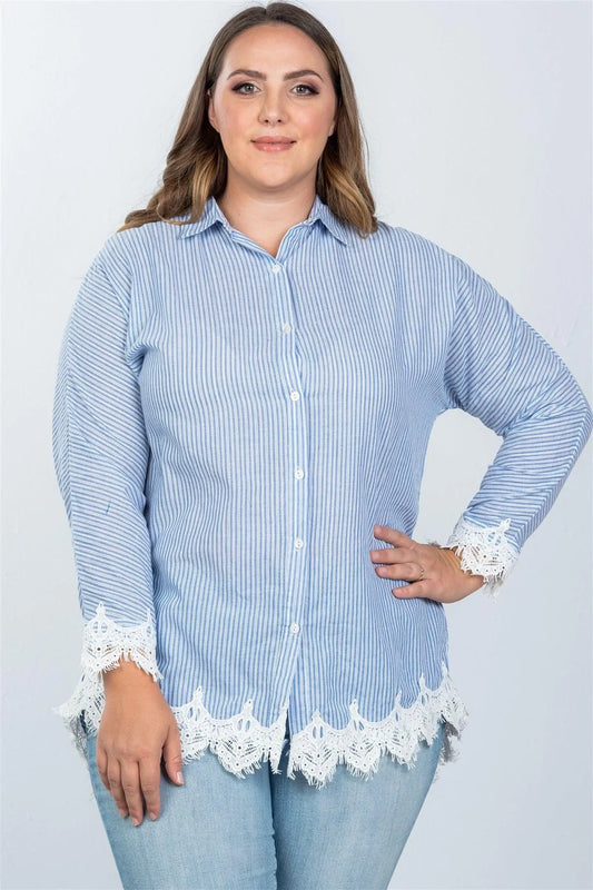 Plus Size Boho Blue Stripe Crochet-Hem Button-Up Shirt /6-1 - Tasha Apparel Wholesale