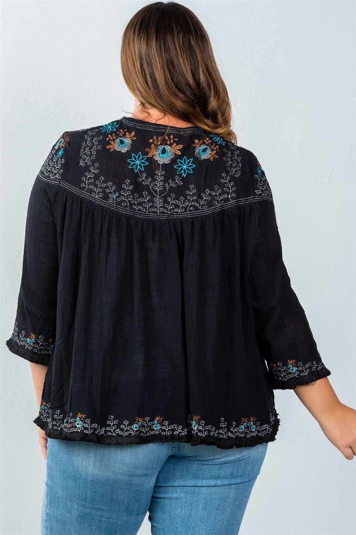 Plus Size Black Embroidery Flower Tassel Cardigan /5-1