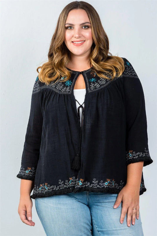 Plus Size Black Embroidery Flower Tassel Cardigan /2-2-2 - Tasha Apparel Wholesale