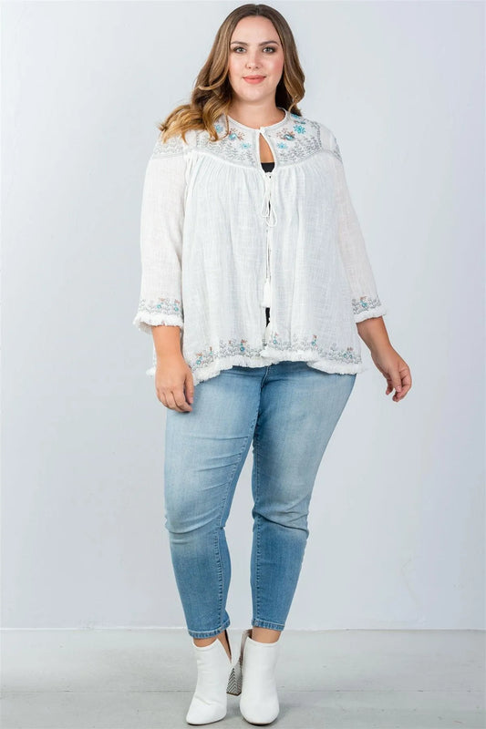 Junior Plus Size White Embroidery Flower Tassel Cardigan /1-2-2 - Tasha Apparel Wholesale