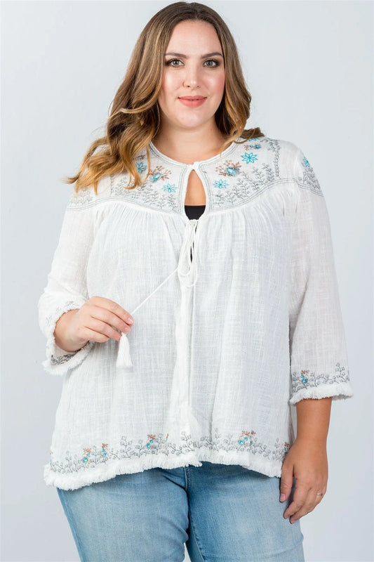 Junior Plus Size White Embroidery Flower Tassel Cardigan /2-2-2 - Tasha Apparel Wholesale