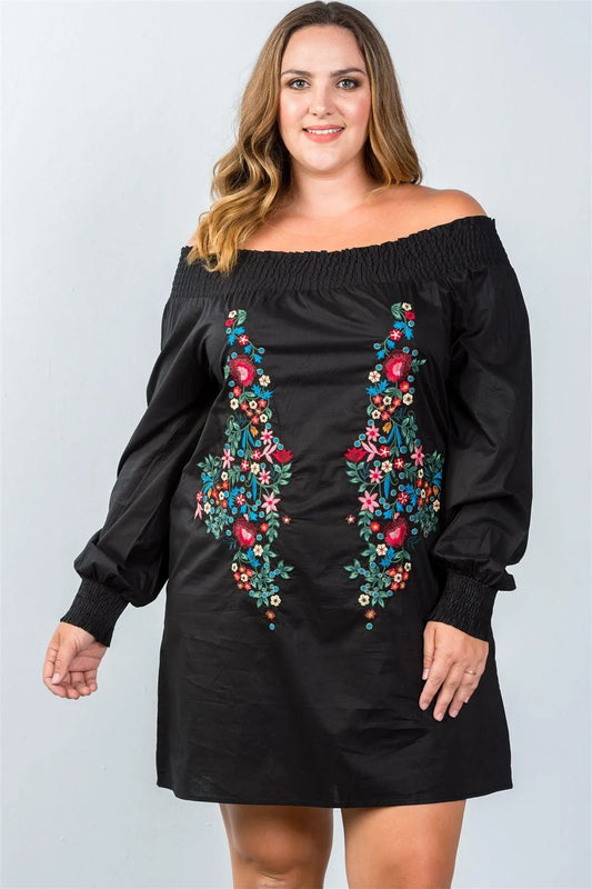 Plus Size Black Floral Embroidered Off The Shoulder Tunic Dress /2-2-2 - Tasha Apparel Wholesale