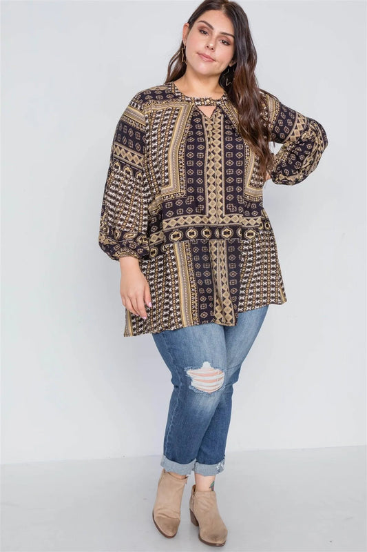 Boho Black Plus Size Swing Mix Print Tunic Top - Tasha Apparel Wholesale