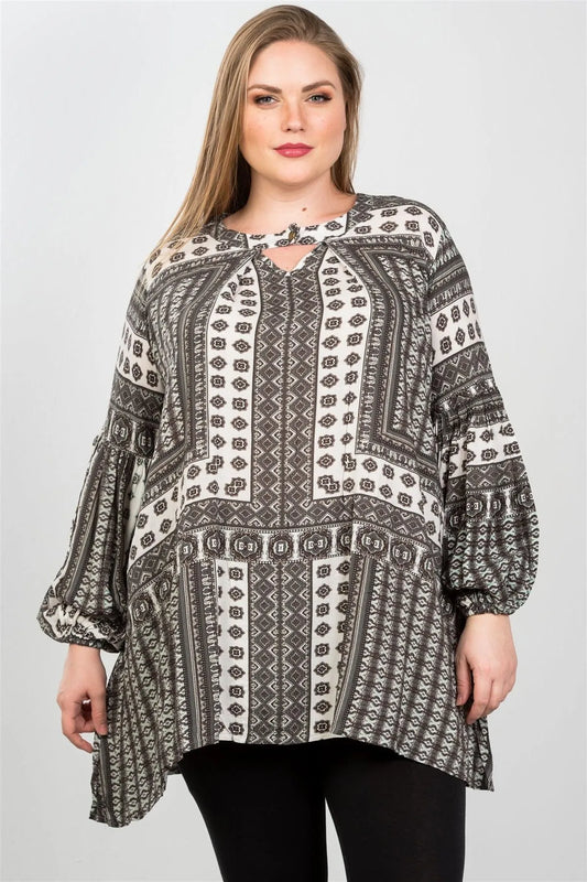 Junior Plus Size Boho Grey Swing Mix Print Tunic Top /2-2-2 - Tasha Apparel Wholesale