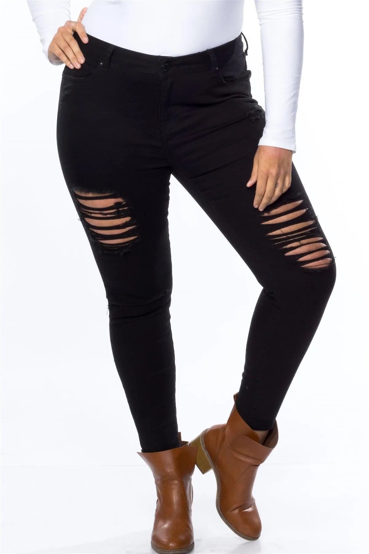 Cotton Spandex Black Plus Size Distressed Skinny Jeans - Tasha Apparel Wholesale