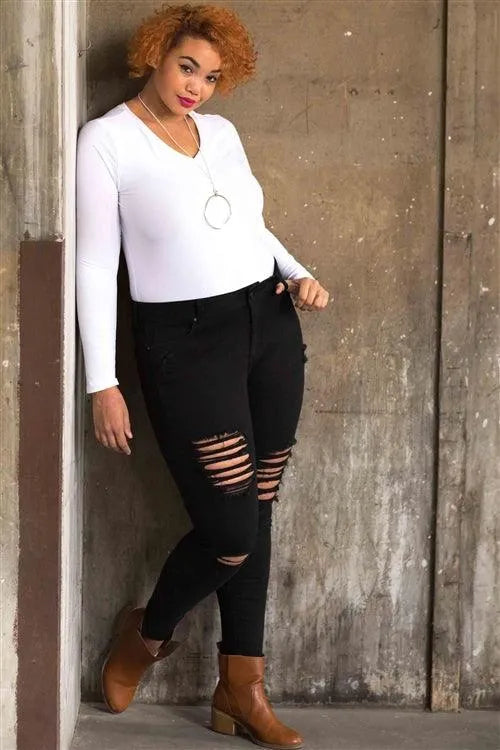 Junior Plus Size Made in Egypt Cotton Spandex Black Distressed Ripped Skinny Jeans /2-2-2-1 - Tasha Apparel Wholesale
