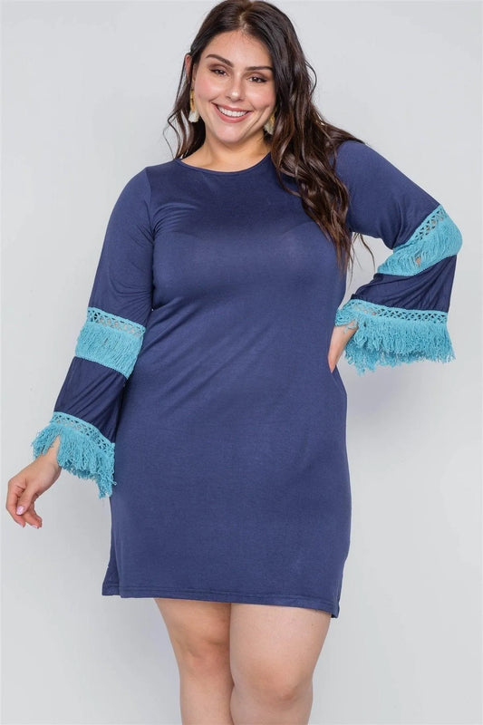 Boho Navy Plus Size Contrast Crochet Mini Dress - Tasha Apparel Wholesale