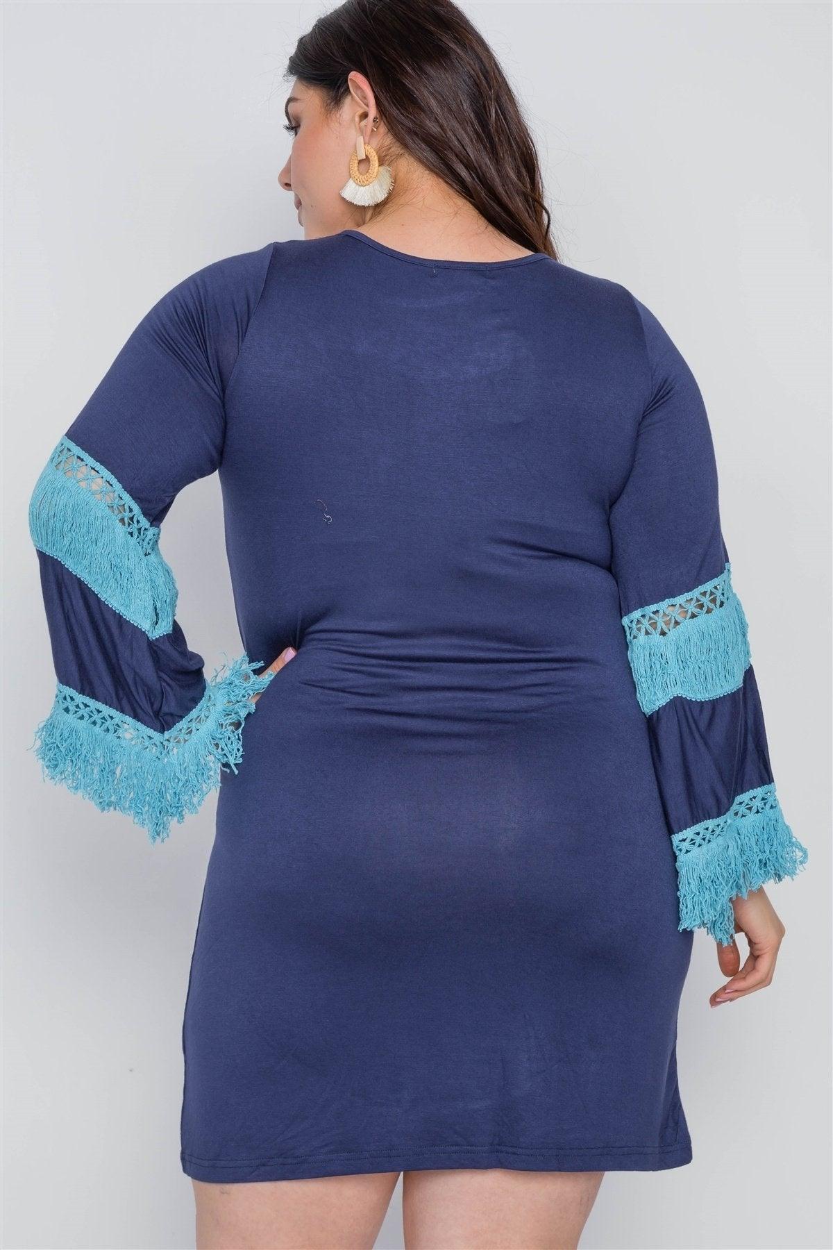 Boho Navy Plus Size Contrast Crochet Mini Dress