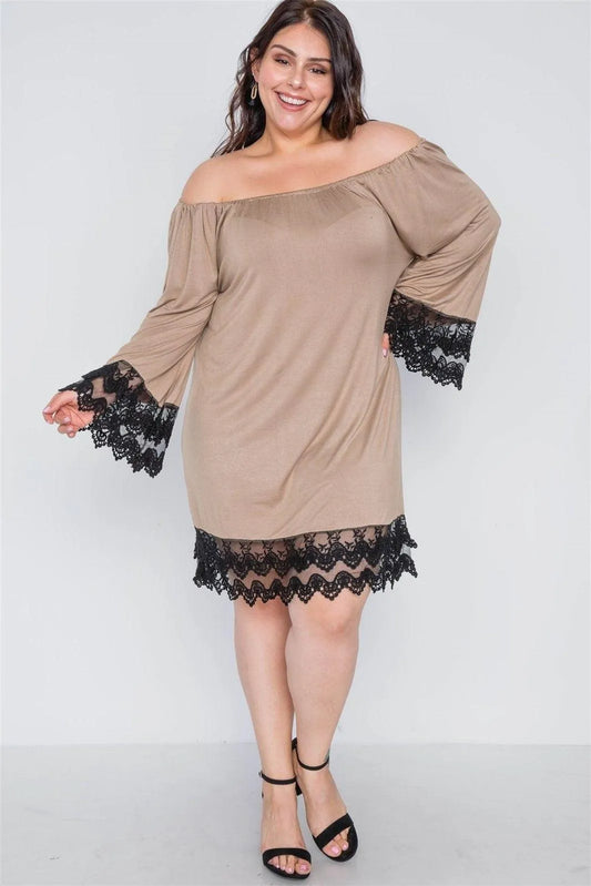 Plus Size Mocha Off-The-Shoulder Lace Hem Dress - Tasha Apparel Wholesale