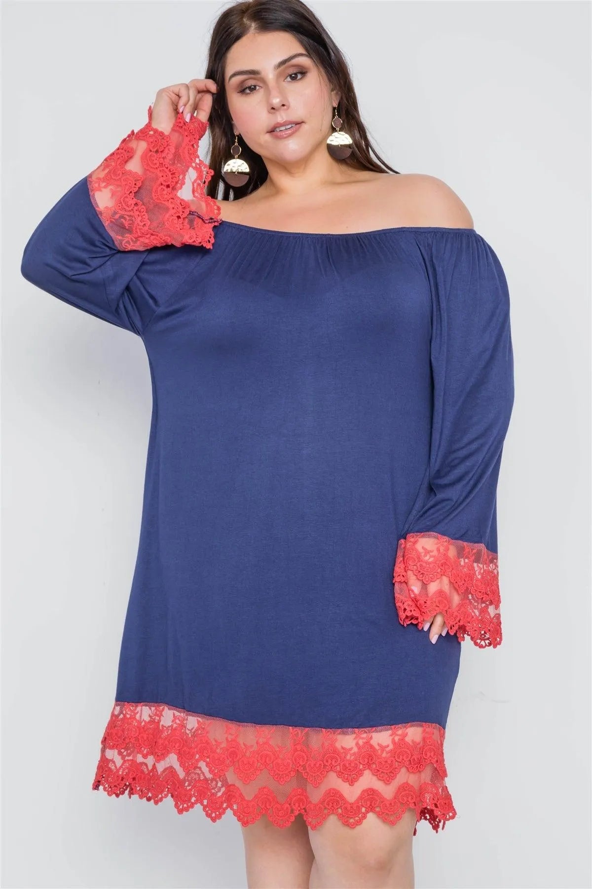 Plus Size Pink Navy Off-The-Shoulder Lace Hem Dress - Tasha Apparel Wholesale