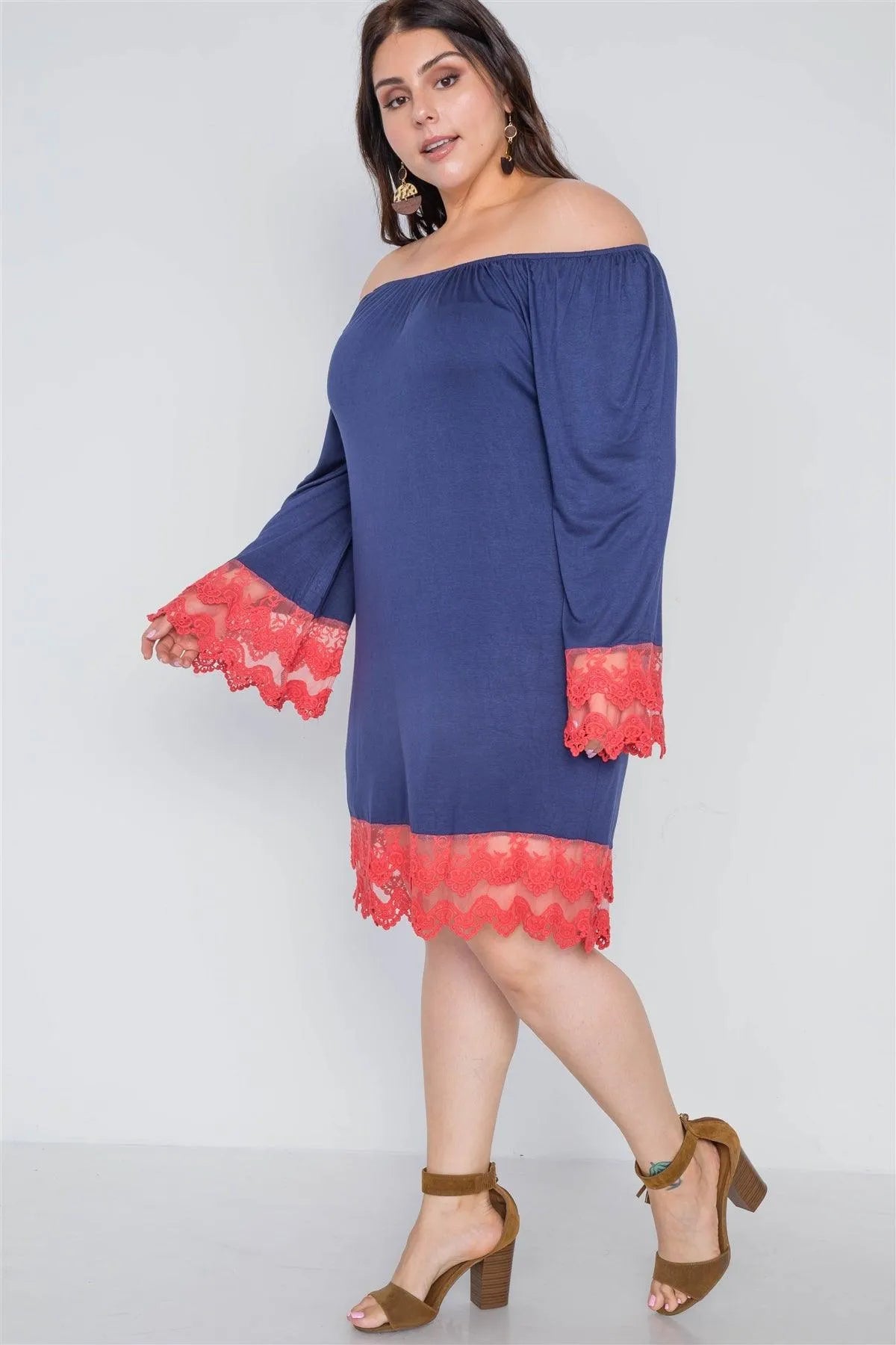 Plus Size Pink Navy Off-The-Shoulder Lace Hem Dress - Tasha Apparel Wholesale