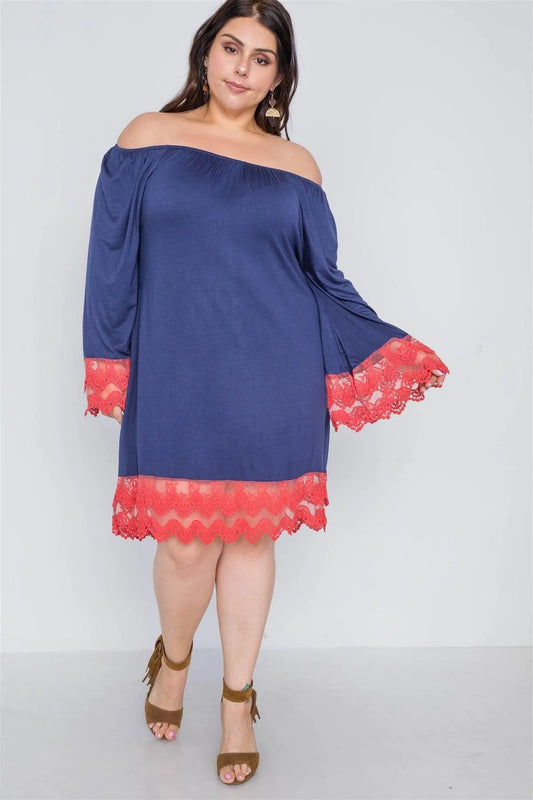 Junior Plus Size Pink Navy Off-The-Shoulder Lace Hem Dress /3-3 - Tasha Apparel Wholesale