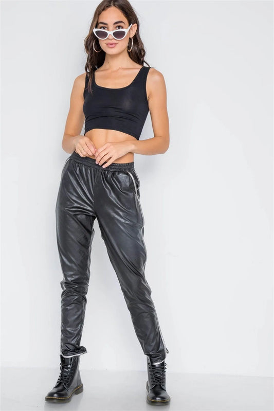Black Vegan Leather Mid-Rise Pants /2-2-3 - Tasha Apparel Wholesale