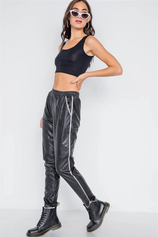Black Vegan Leather Mid-Rise Pants - Tasha Apparel Wholesale