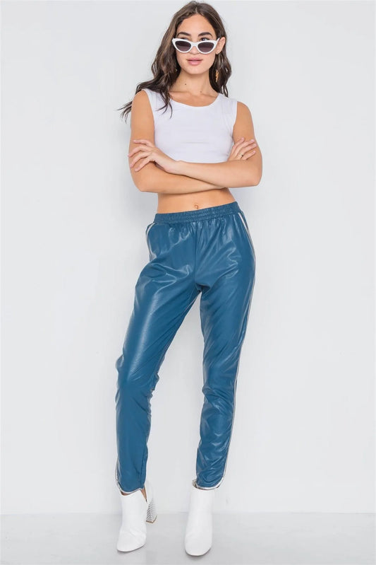 Teal Blue Vegan Leather Mid-Rise Pants /2-2-2 - Tasha Apparel Wholesale