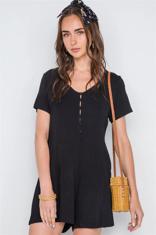 Black Solid Short Sleeve Button Down Romper /2-2-2 - Tasha Apparel Wholesale