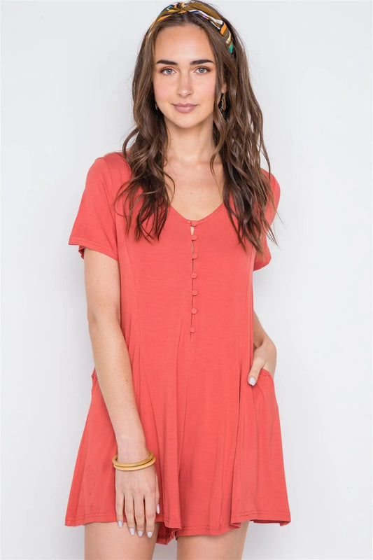Dark Choral lSolid Short Sleeve Button Down Romper /2-2-2 - Tasha Apparel Wholesale