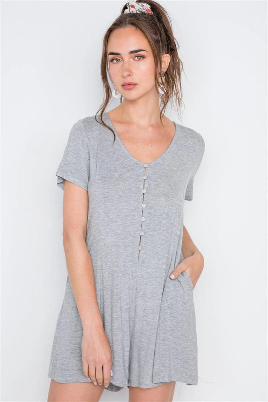 Heather Grey Solid Short Sleeve Button Down Romper /2-2-2 - Tasha Apparel Wholesale