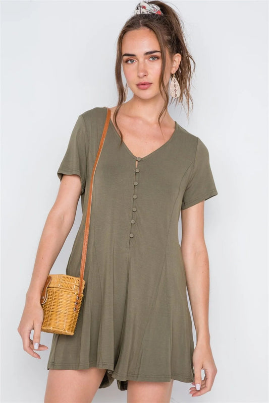 Olive Solid Short Sleeve Button Down Romper /2-2-2 - Tasha Apparel Wholesale