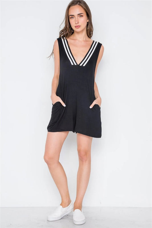 Black Contrast V-Neck Loose Fit Romper /1-1-1 - Tasha Apparel Wholesale