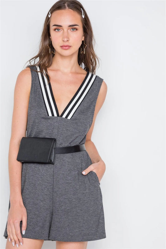 Charcoal Contrast V-Neck Loose Fit Romper /2-2-2 - Tasha Apparel Wholesale