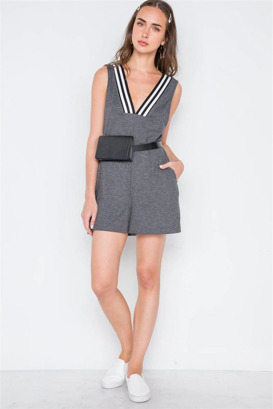 Charcoal Contrast V-Neck Loose Fit Romper /1-3-3 - Tasha Apparel Wholesale