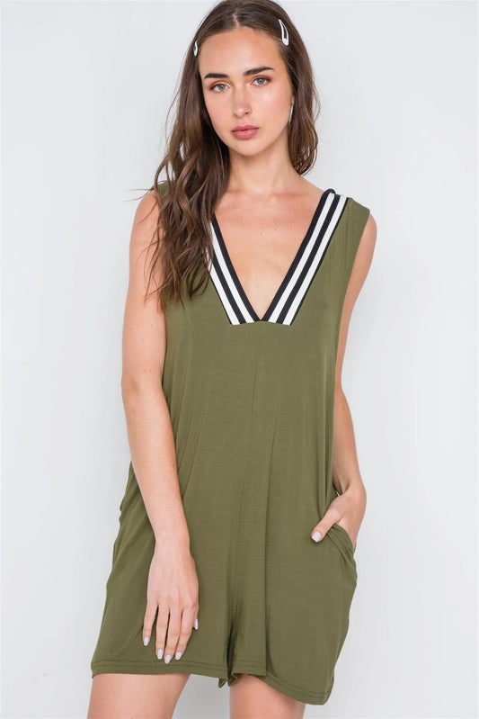 Olive Contrast V-Neck Loose Fit Romper /2-2-2 - Tasha Apparel Wholesale