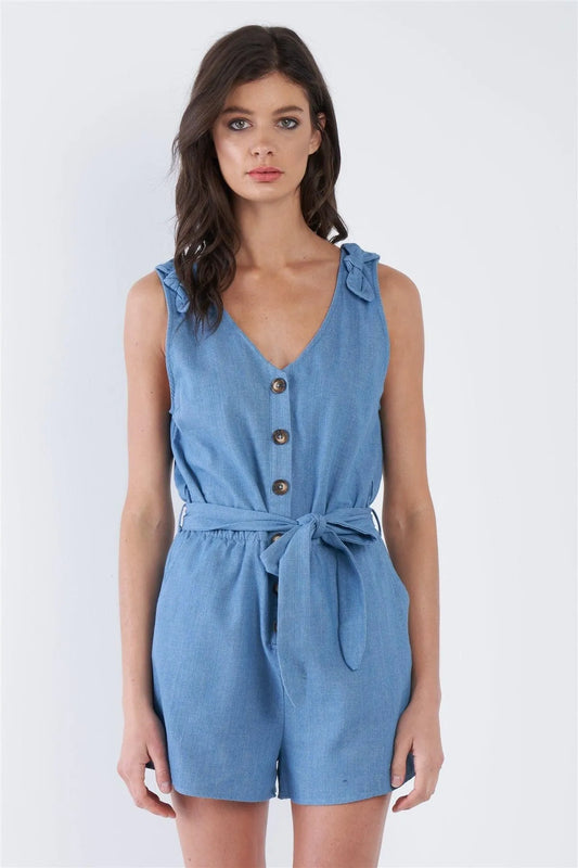 Indigo Blue Cotton V-Neck Front Button Short Romper /2-2-2 - Tasha Apparel Wholesale