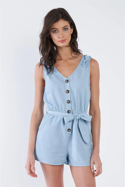Light Denim Blue Cotton V-Neck Front Button Short Romper /2-1-1 - Tasha Apparel Wholesale