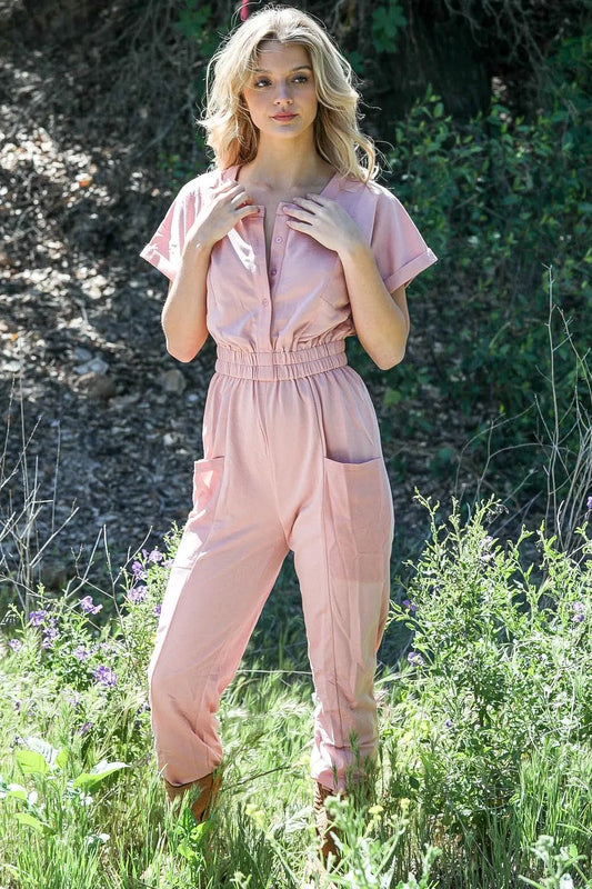 Blush Button Up Contrast Pocket Detail Short Sleeve Jumpsuit /2-2-2 - Tasha Apparel Wholesale