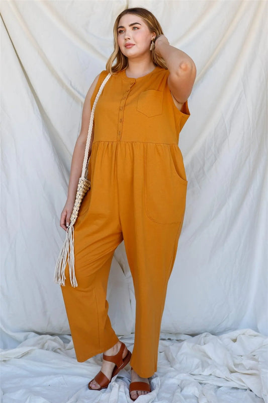 Junior Plus Mustard Cotton Front Button Up Detail Sleeveless Jumpsuit /4-2 - Tasha Apparel Wholesale