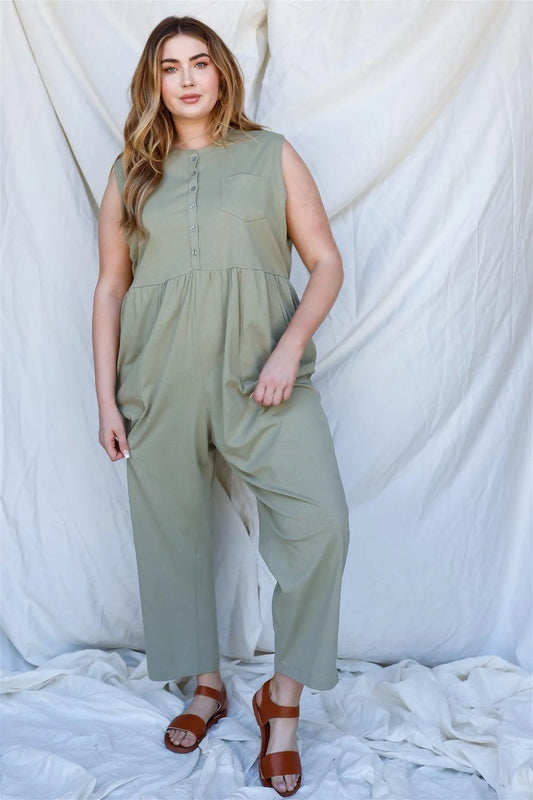 Junior Plus Olive Cotton Front Button Up Detail Sleeveless Jumpsuit /1-2-1 - Tasha Apparel Wholesale