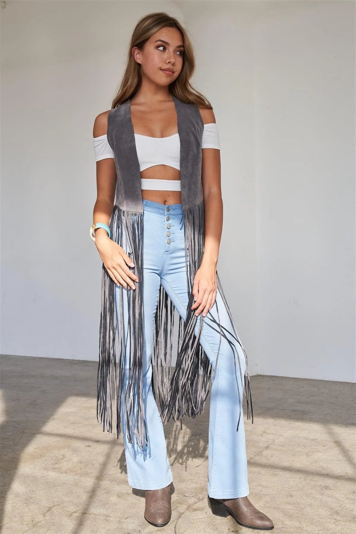 Grey Sleeveless Suede Cropped Boho Vest With Long Fringe Detail /2-2-2 - Tasha Apparel Wholesale