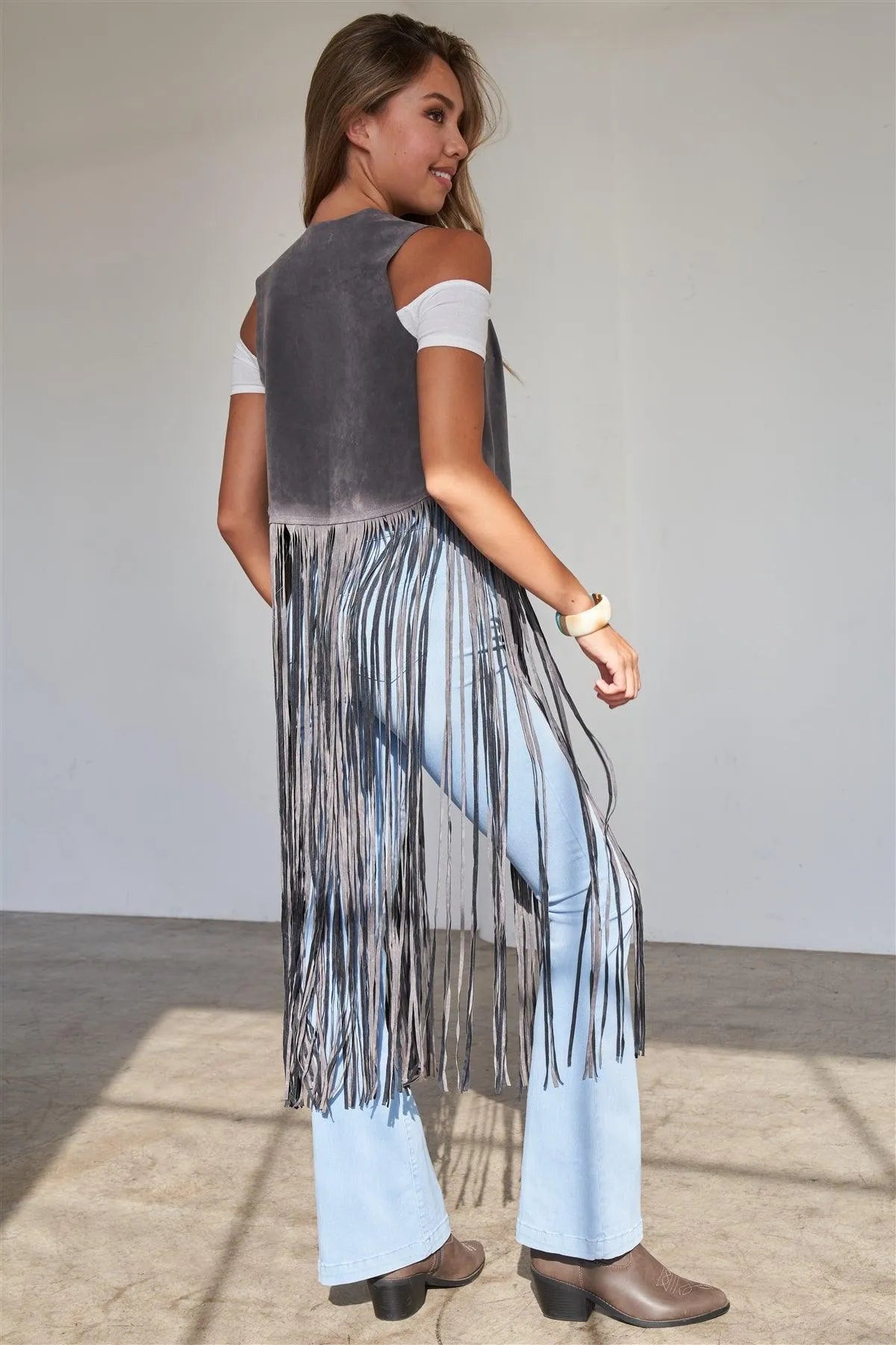 Grey Sleeveless Suede Cropped Boho Vest With Long Fringe Detail /2-2-2 - Tasha Apparel Wholesale