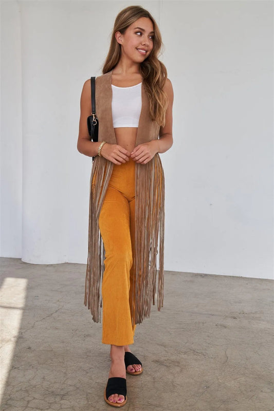 Khaki Sleeveless Suede Cropped Boho Vest With Long Fringe Detail - Tasha Apparel Wholesale