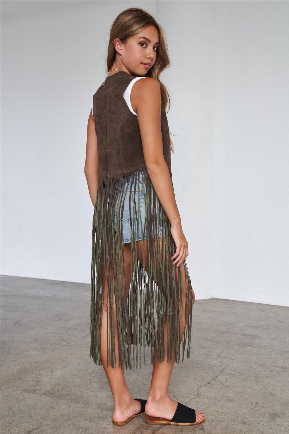 Brown & Olive Sleeveless Suede Cropped Boho Vest With Long Fringe Detail /2-2-2