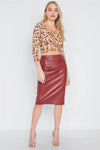 Wine Vegan Leather High-Waist Midi Pencil Skirt /1-3-3 - Tasha Apparel Wholesale