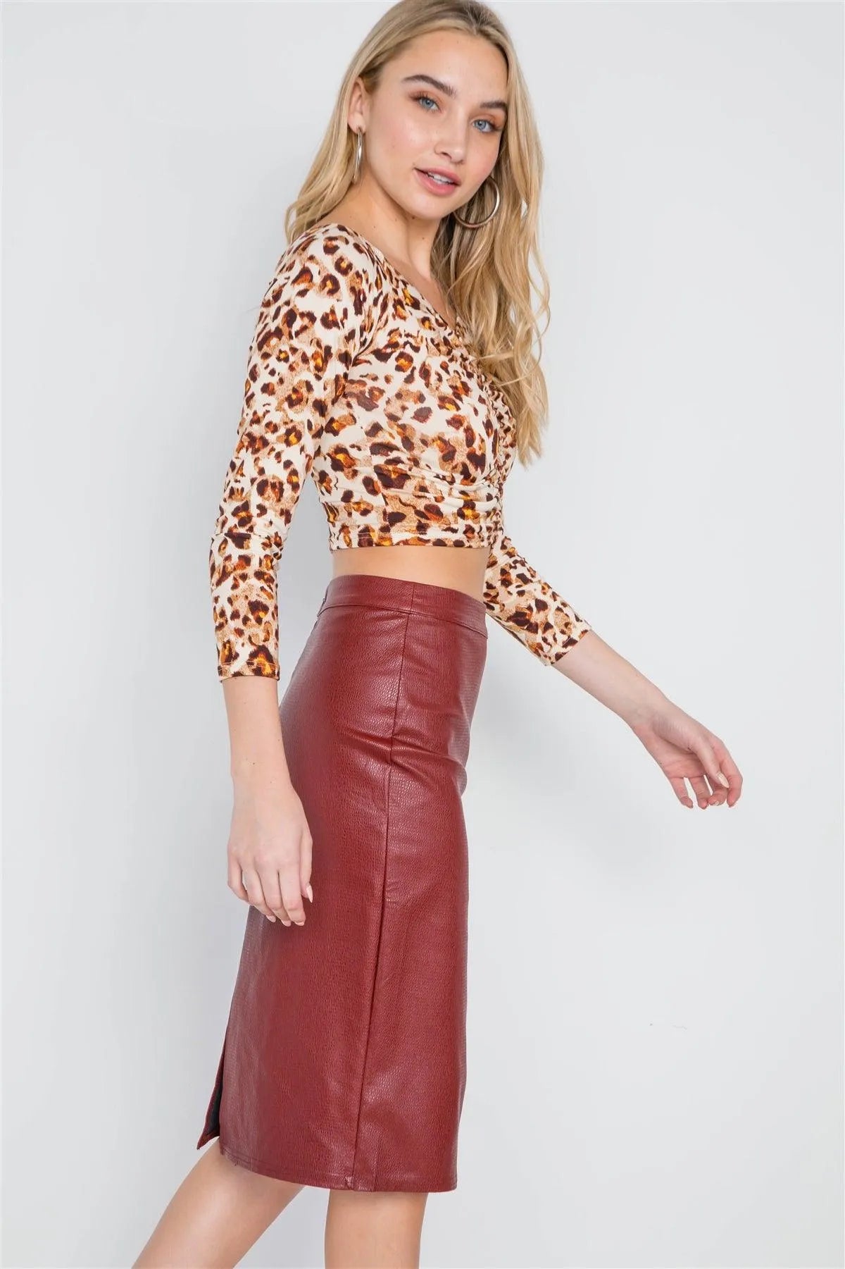 Wine Vegan Leather High-Waist Midi Pencil Skirt /1-3-3 - Tasha Apparel Wholesale