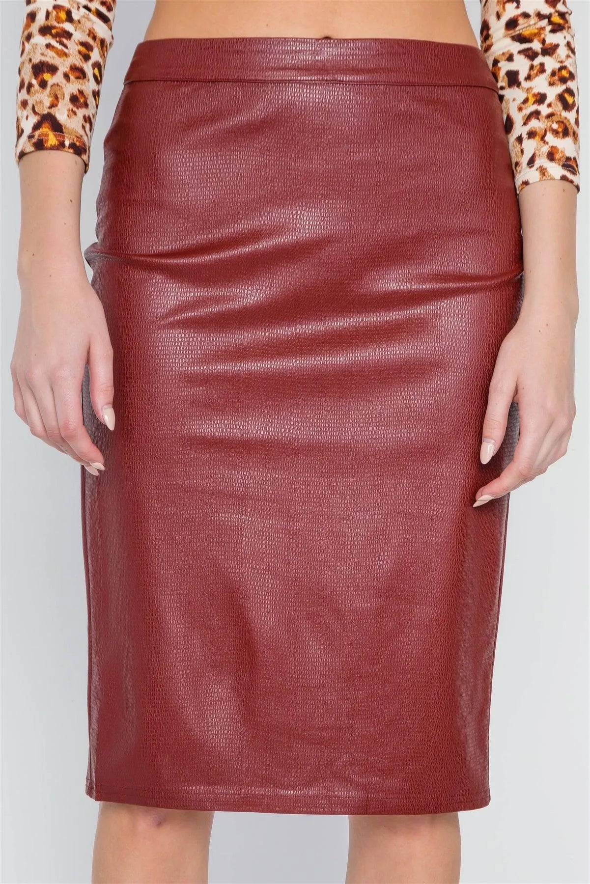 Wine Vegan Leather High-Waist Midi Pencil Skirt /1-3-3 - Tasha Apparel Wholesale