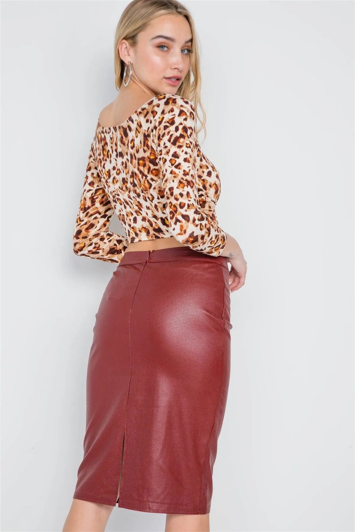 Wine Vegan Leather High-Waist Midi Pencil Skirt /1-3-3 - Tasha Apparel Wholesale