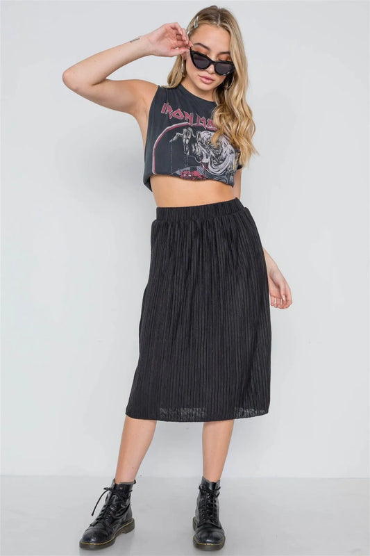Black Knit Pleated High-Waist Midi Skirt /2-2-2 - Tasha Apparel Wholesale
