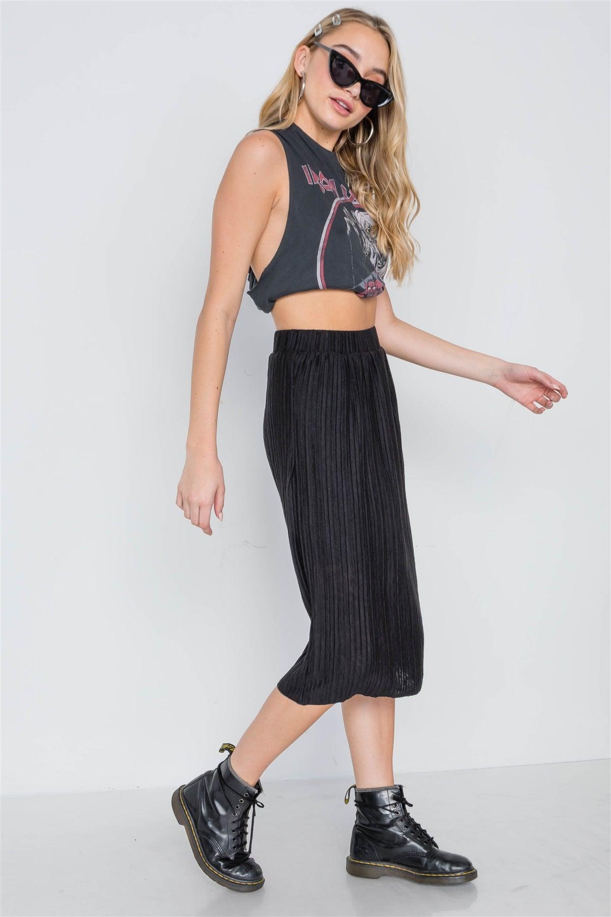 Black Knit Pleated High-Waist Midi Skirt /2-2-2