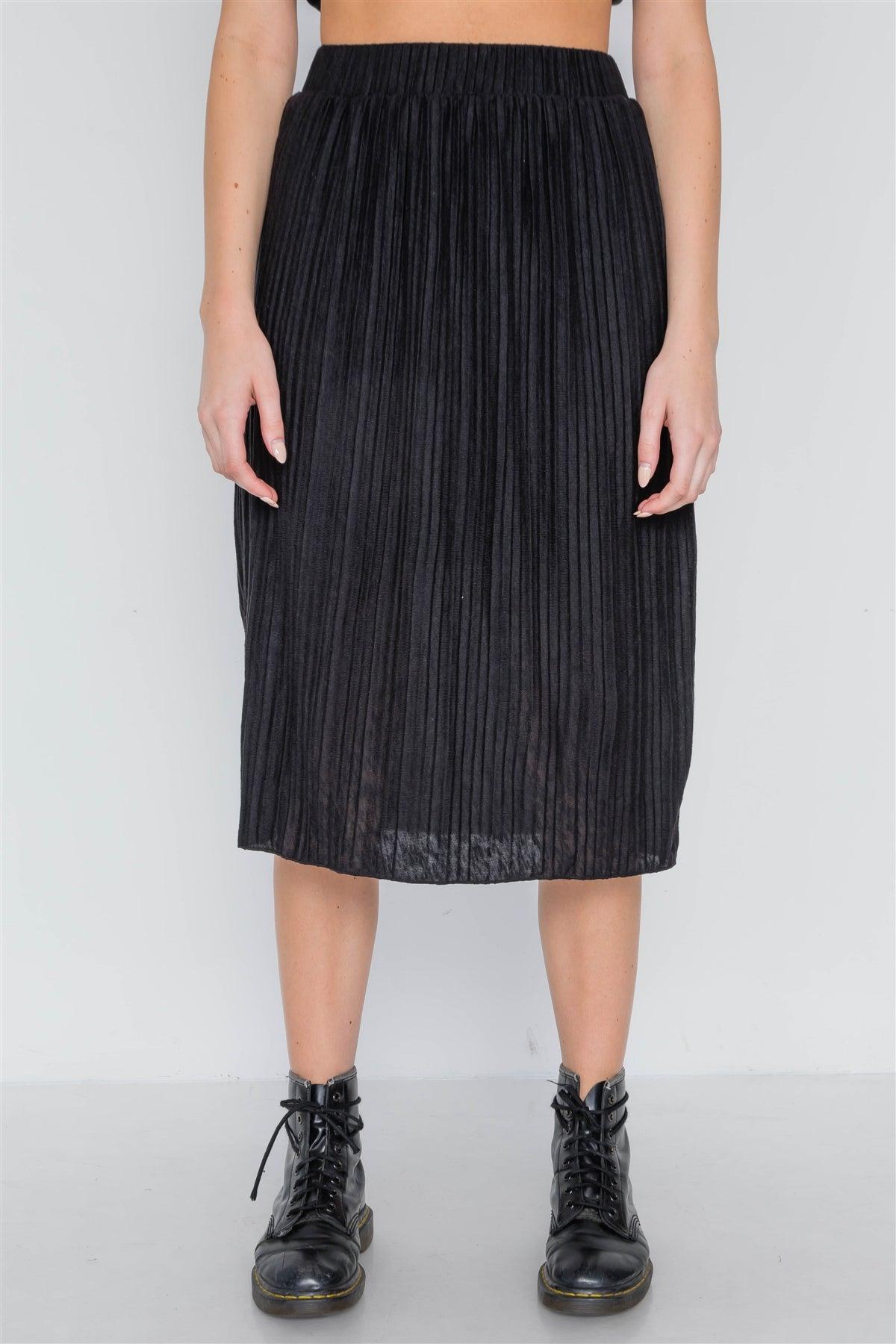 Black Knit Pleated High-Waist Midi Skirt /2-2-3