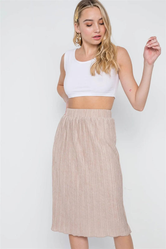 Taupe Knit Pleated High-Waist Midi Skirt /2-2-2 - Tasha Apparel Wholesale