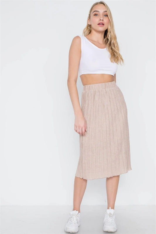 Taupe Knit Pleated High-Waist Midi Skirt /1-2-3 - Tasha Apparel Wholesale